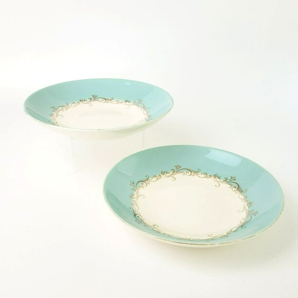 Lifetime China Homer Laughlin Soup Bowl Gold Crown Aqua Boarder Gold Scrolls MCM - Picture 13 of 13